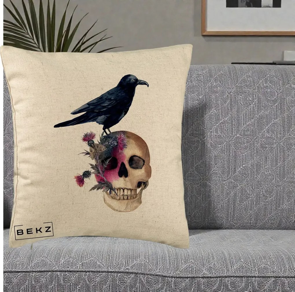 Perna Decorativa Craniu cu Corb si Flori Gothic, 40x40 cm, Bej, Husa Detasabila, Perna Inclusa, BEKZ®