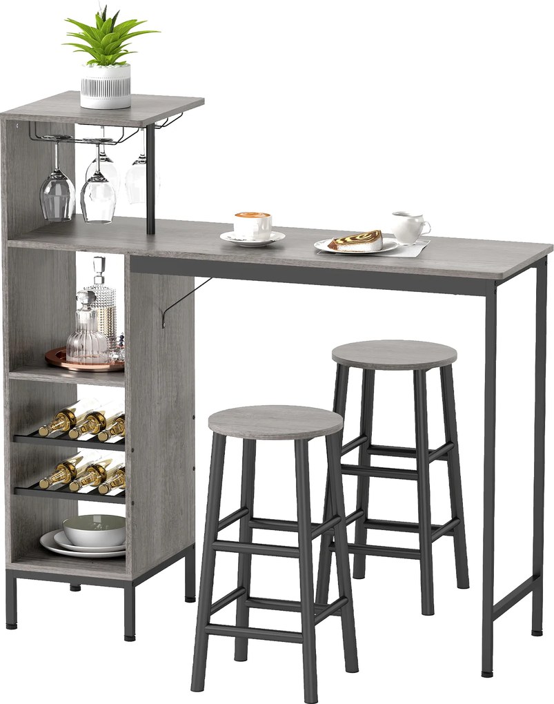 HOMCOM Set masă înaltă cu taburete, masă în picioare cu 2 scaune de bar, etajere, suport pentru sticle, lemn natural | Aosom Romania