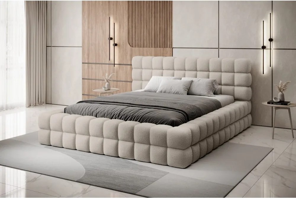 Pat matrimonial bej tapițat cu spațiu de depozitare cu somieră 160x200 cm Dizzle – ELTAP