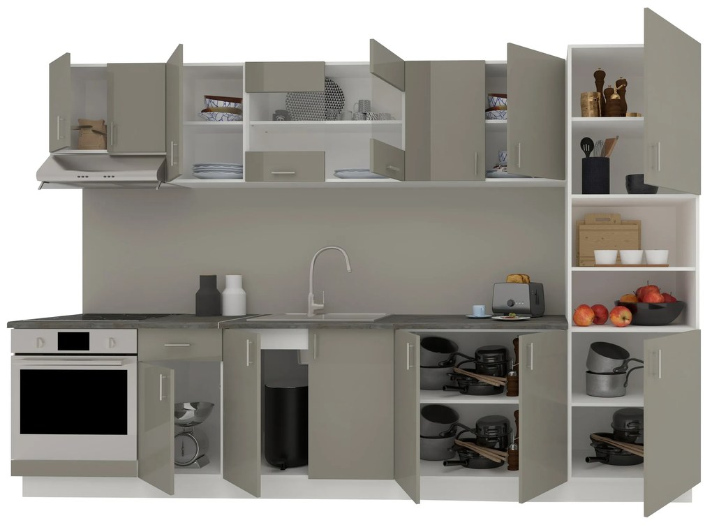 Set Bucatarie Karo V30, Gri Lucios/Alb, MDF, Blat Thermo 28 mm, L 320 cm