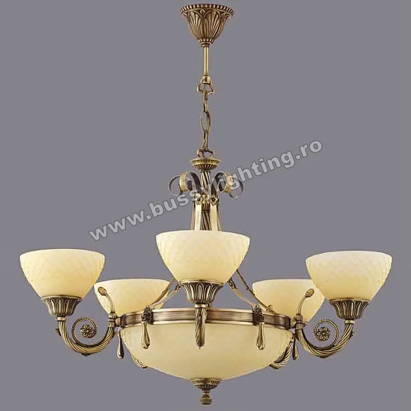 Lustra Vanilla cu 5 Brate, Desing Clasic, Finisaj Bronz Antic, Abajur Crem - Bussy Lighting 3062-52-05A