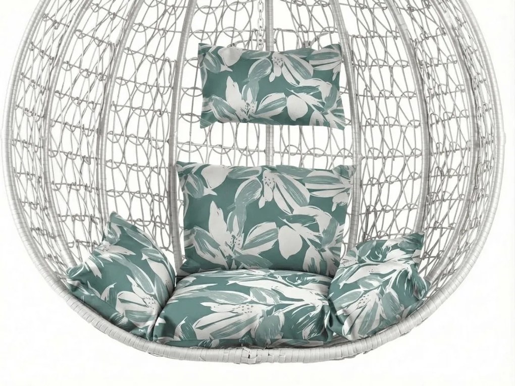 Scaun suspendat alb KOKON cu suport, perna verde-alb