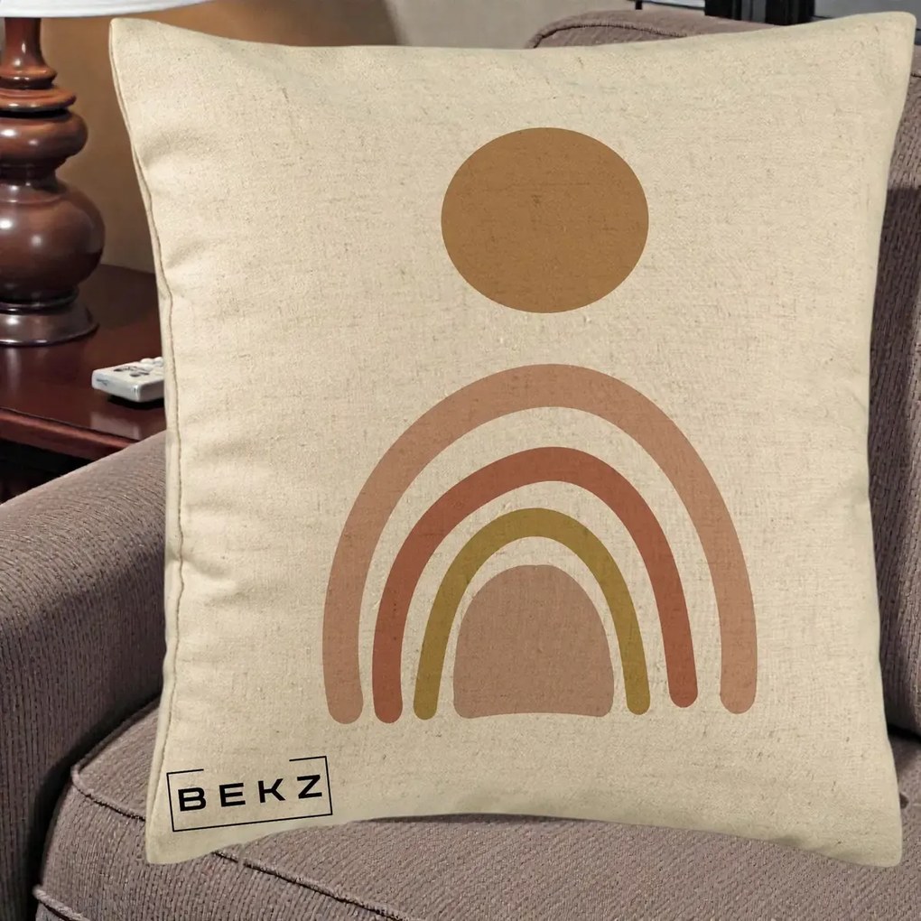 Perna Decorativa Boho Rainbow Sun, 40x40 cm, Bej, Husa Detasabila, Perna Inclusa, BEKZ®