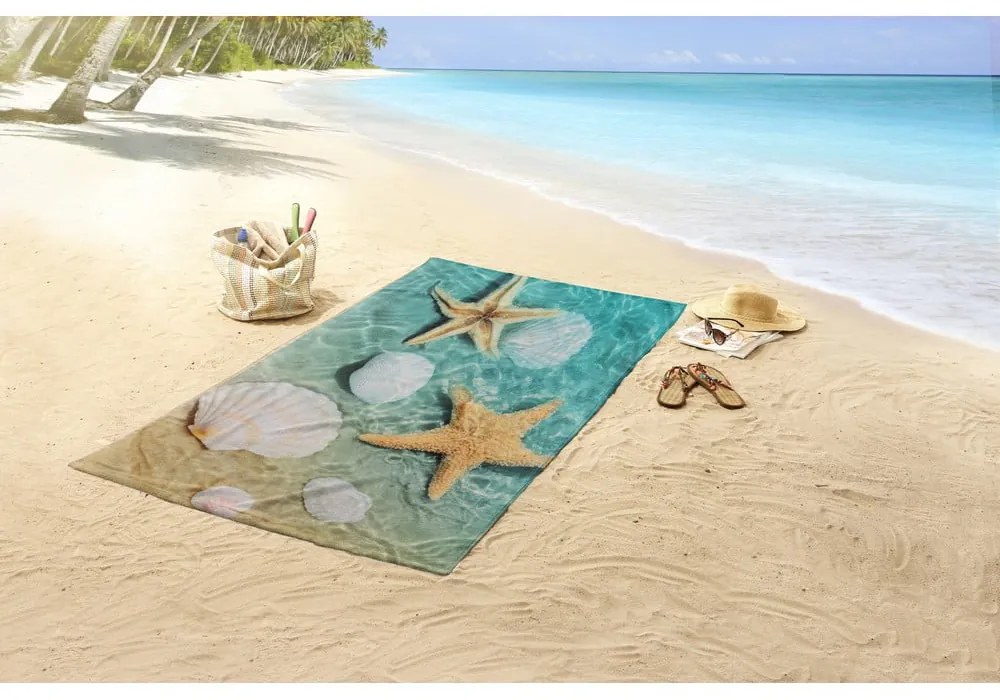 Prosop de plajă albastru/bej din catifea 100x180 cm Beachvibe – Good Morning
