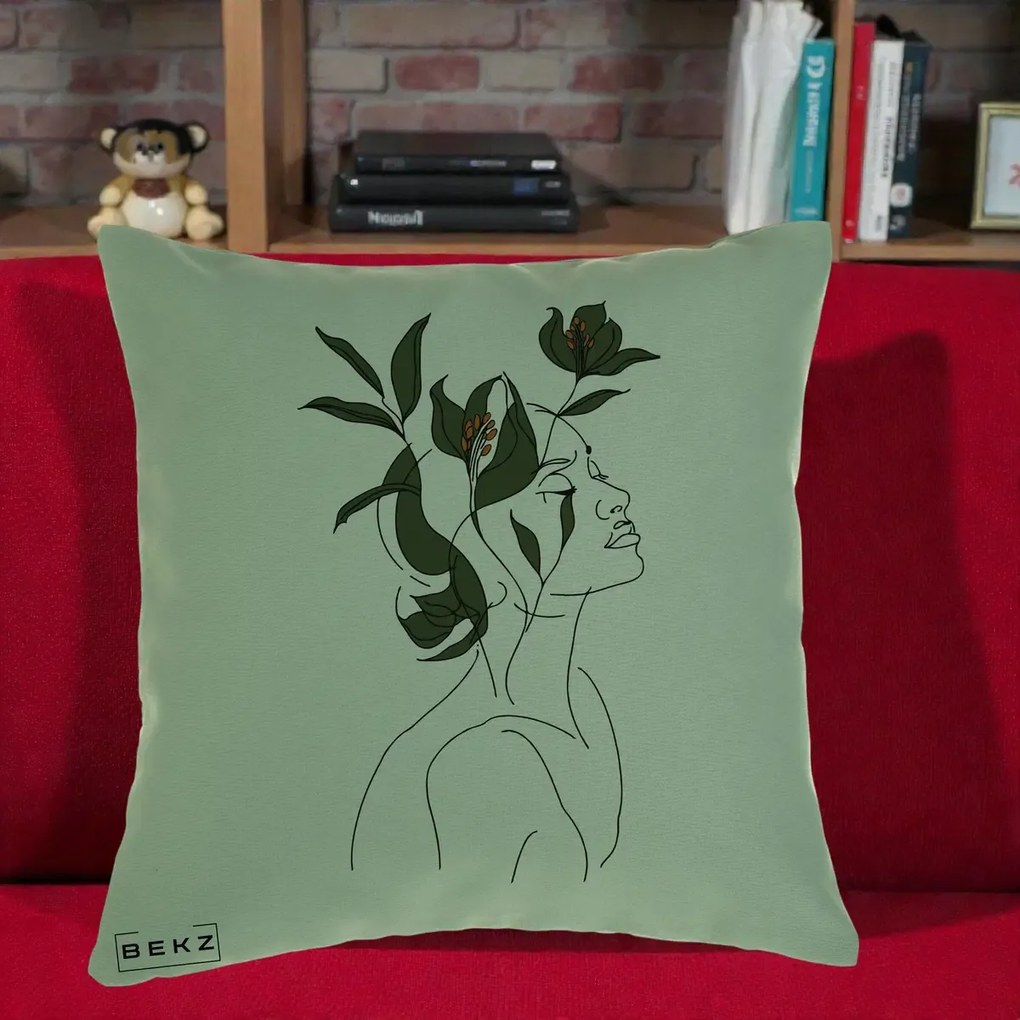 Perna Decorativa Portret Feminin Crin Verde, 40x40 cm, Verde, Husa Detasabila, Perna Inclusa, BEKZ®