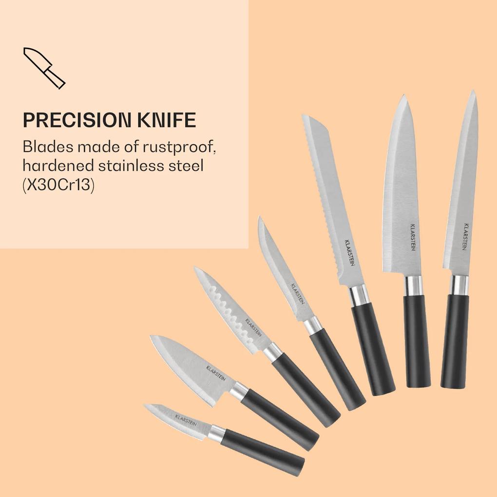 Kitano Plus, Set de cuțite, set din 9 bucăți, suport din lemn, bucată din bambus pentru tăiere, albă