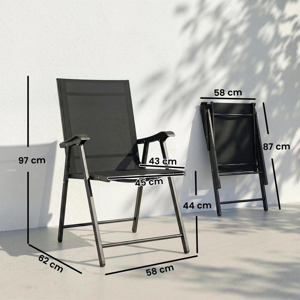 Outsunny Set de 2 scaune pliabile pentru grădină, cu spătar înalt și cotieră, oțel, Texteline 58 x 62 x 97 cm Negru | Aosom Romania