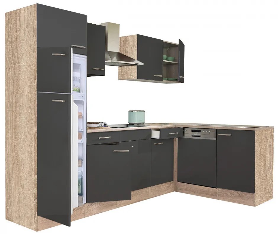Mobilă de bucătărie de colț Yorki 280, corp din stejar sonoma, față antracit satinat, frigider cu congelator superior