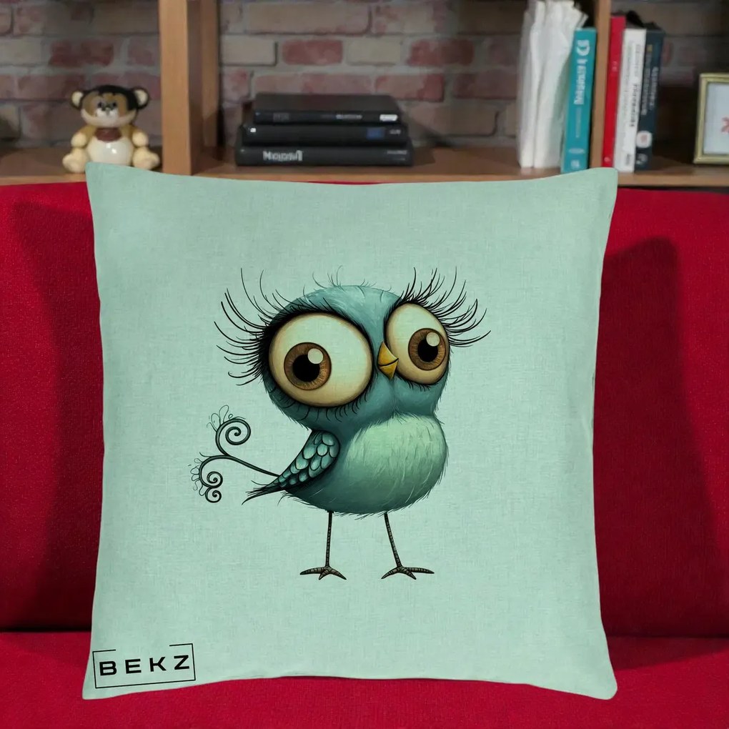 Perna Decorativa Pasare Teal cu Gene si Coada Spiralata, 40x40 cm, Verde Menta, Husa Detasabila, Perna Inclusa, BEKZ®
