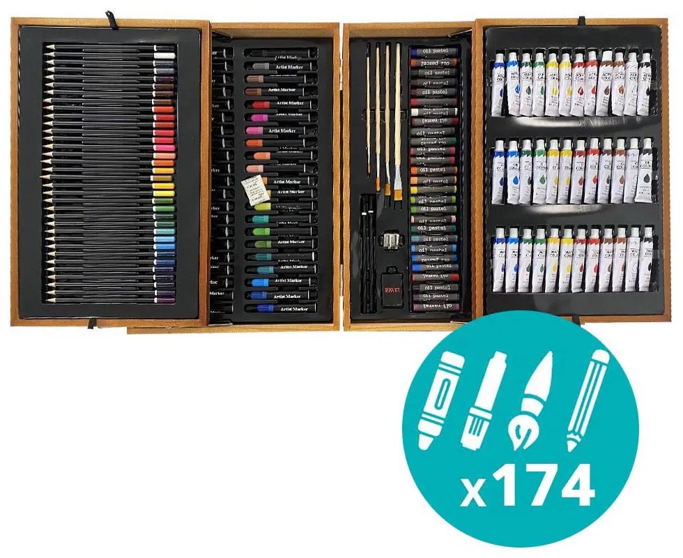 Set de pictura si desen de 174 piese, in cutie practica de cadou din lemn