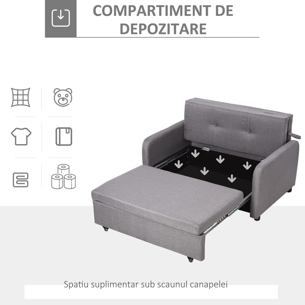 HOMCOM Canapea Extensibilă 2 în 1 cu Spațiu de Depozitare, 136x92x84 cm, Gri | Aosom Romania