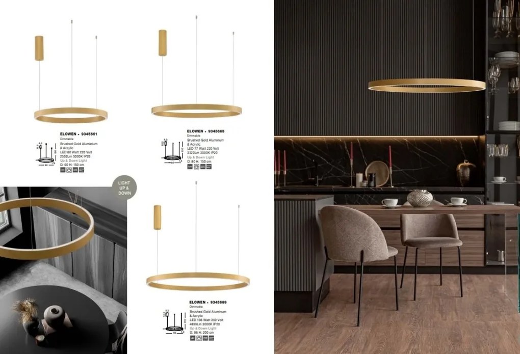 Lustra LED design circular cu iluminat sus si jos ELOWEN auriu, diametru 98cm
