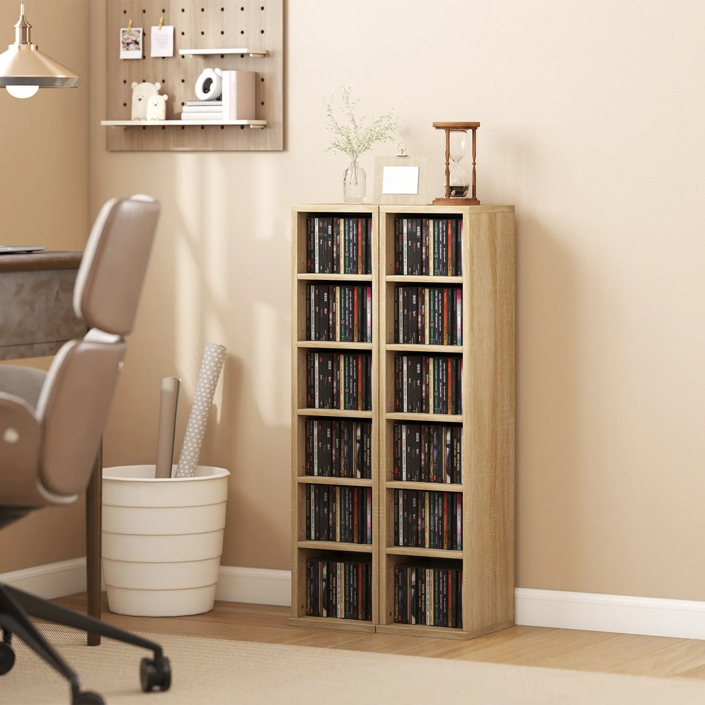 HOMCOM Set de 2 Rafturi pentru CD-uri cu Polițe Reglabile, Capacitate 204 CD-uri, Design Compact, 21x22,5x88,5 cm, Stejar | Aosom Romania