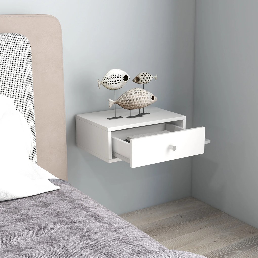 HOMCOM Set de 2 noptiere de perete - set de 2 noptiere - raft lateral și sertar - 55l x 30P x 15H cm MDF alb | Aosom Romania