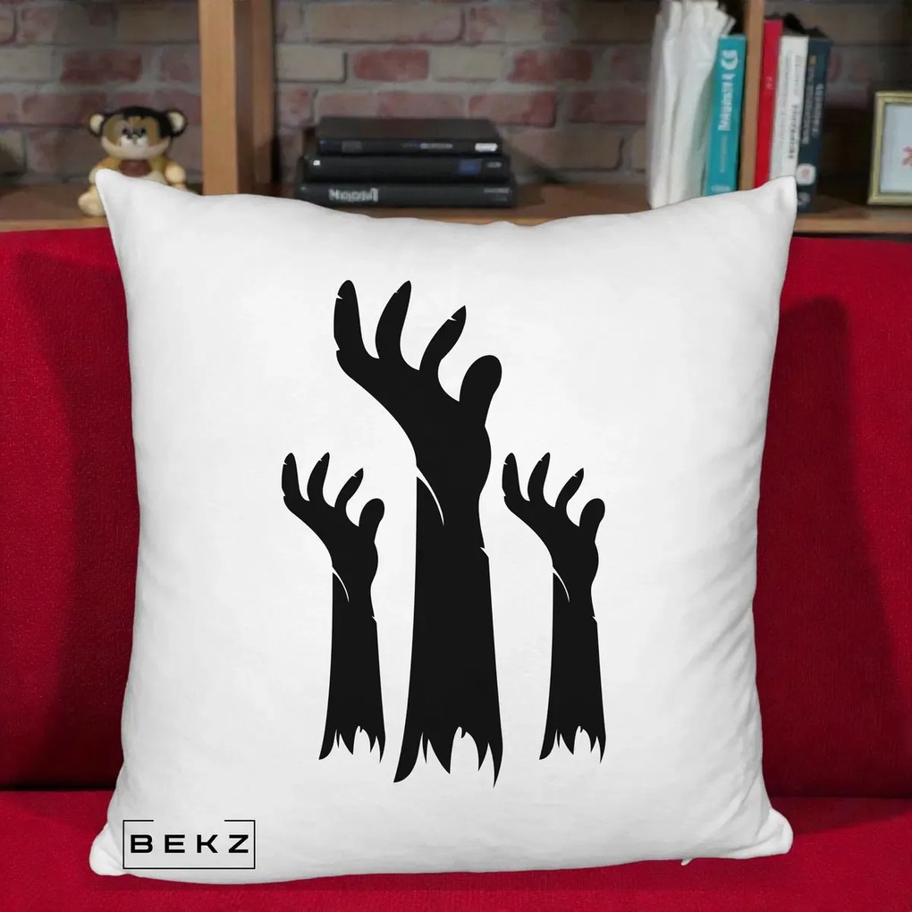 Perna Decorativa Halloween Maini Zombie Alb-Negru, 40x40 cm, Alb Pufos, Husa Detasabila, Perna Inclusa, BEKZ®