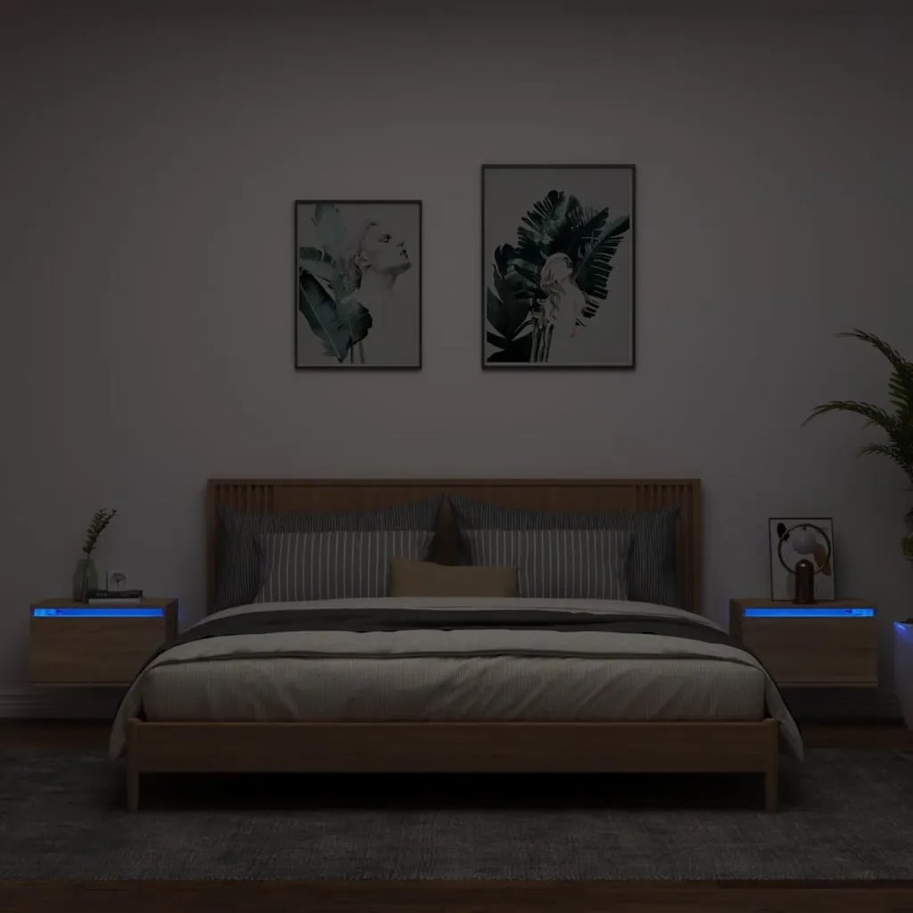 vidaXL Noptiere montate pe perete cu lumini LED, 2 buc., stejar sonoma