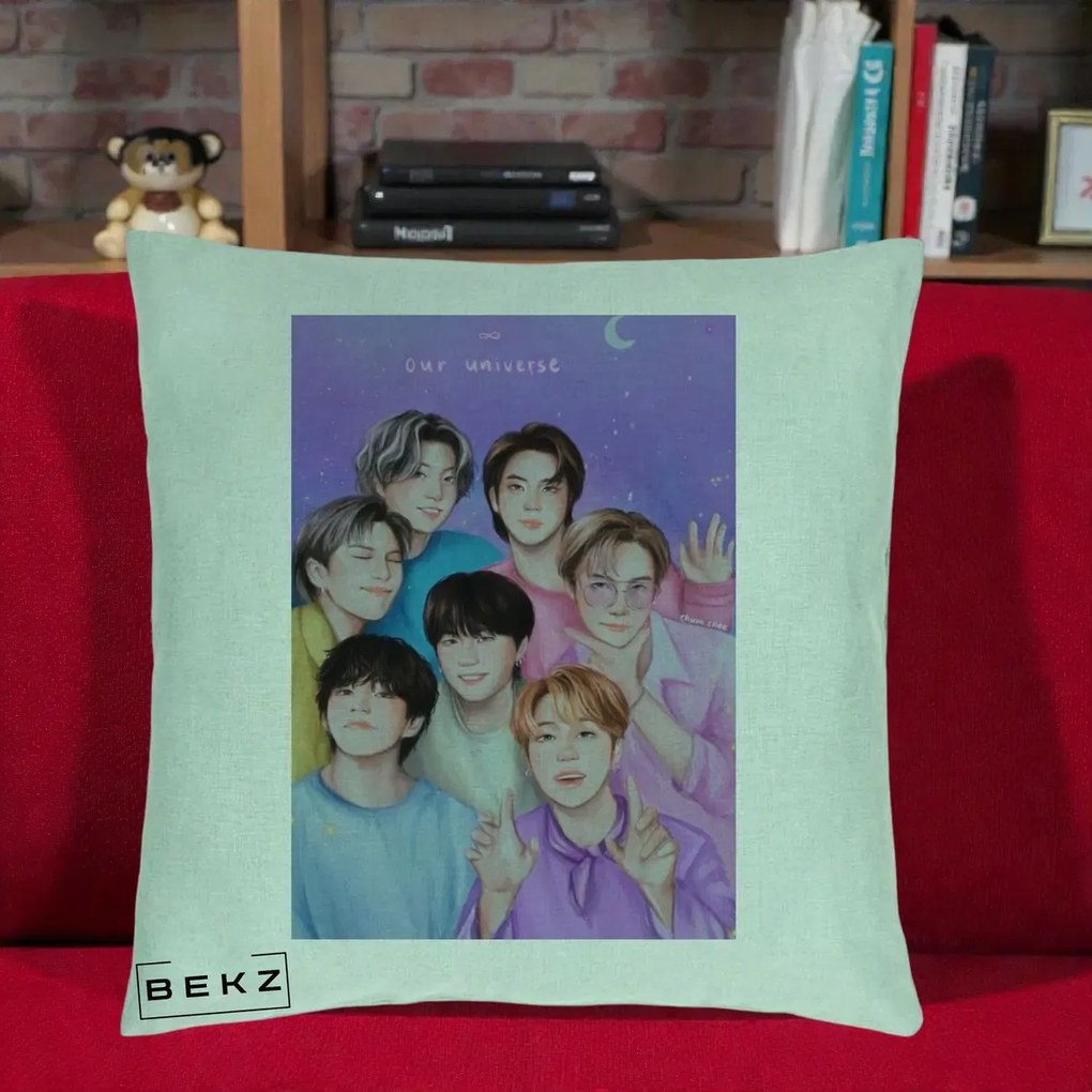 Perna Personalizata K-pop BTS Our Universe Fanart Violet Pastel, 40x40 cm, Verde Menta, Husa Detasabila, Perna Inclusa, BEKZ®