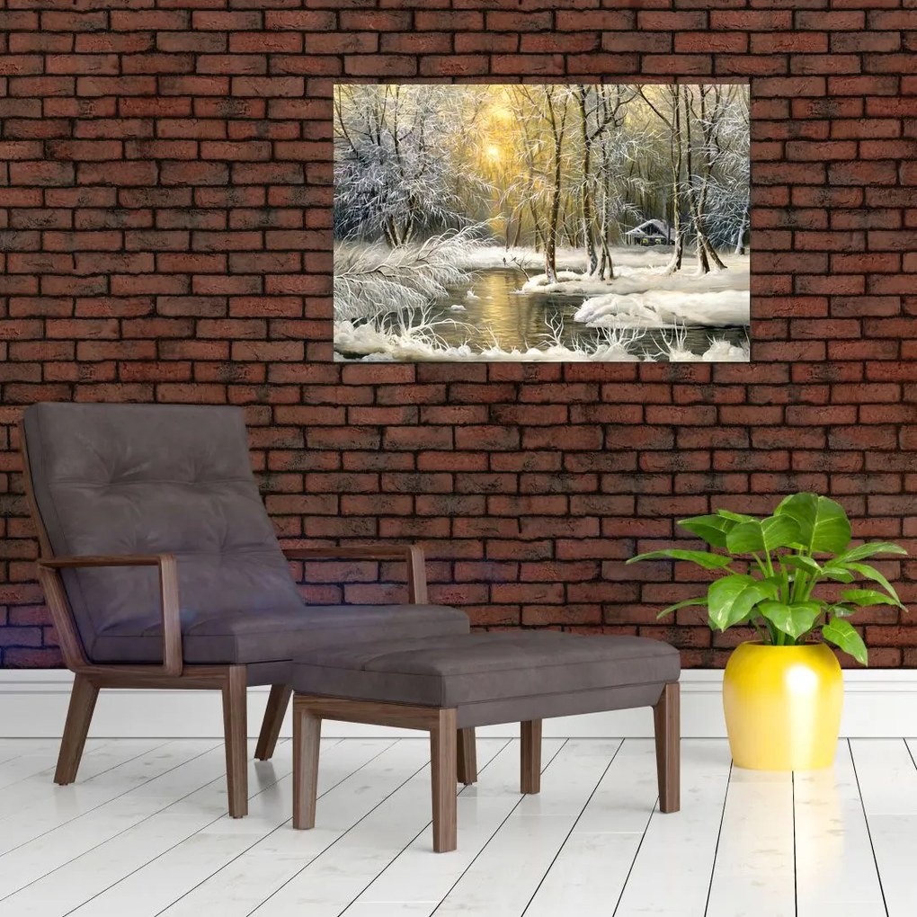 Tablou - Cabană în pădure, pictură în uei (90x60 cm)