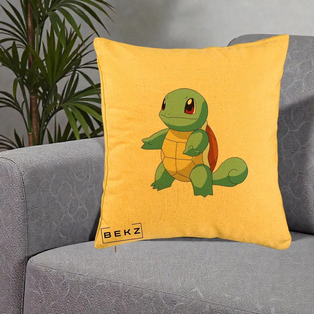 Perna Personalizata Squirtle Pokemon, 40x40 cm, Galben, Husa Detasabila, Perna Inclusa, BEKZ®
