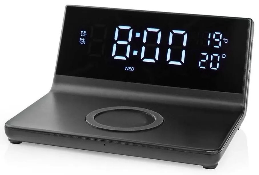 Nedis WCACQ20BK - Ceas cu alarmă, ecran LCD și încărcător wireless 15W/5V negru
