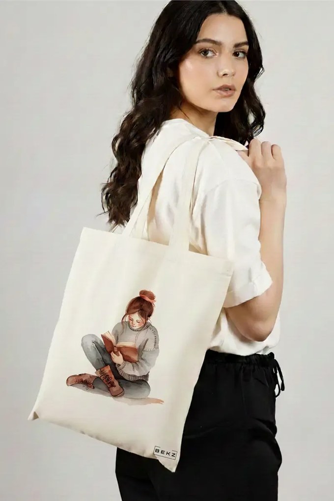 Sacosa de Panza pentru Cumparaturi, Geanta Tote, model The bookie girl 36 38 x 34.5 cm, Alba, BEKZ®