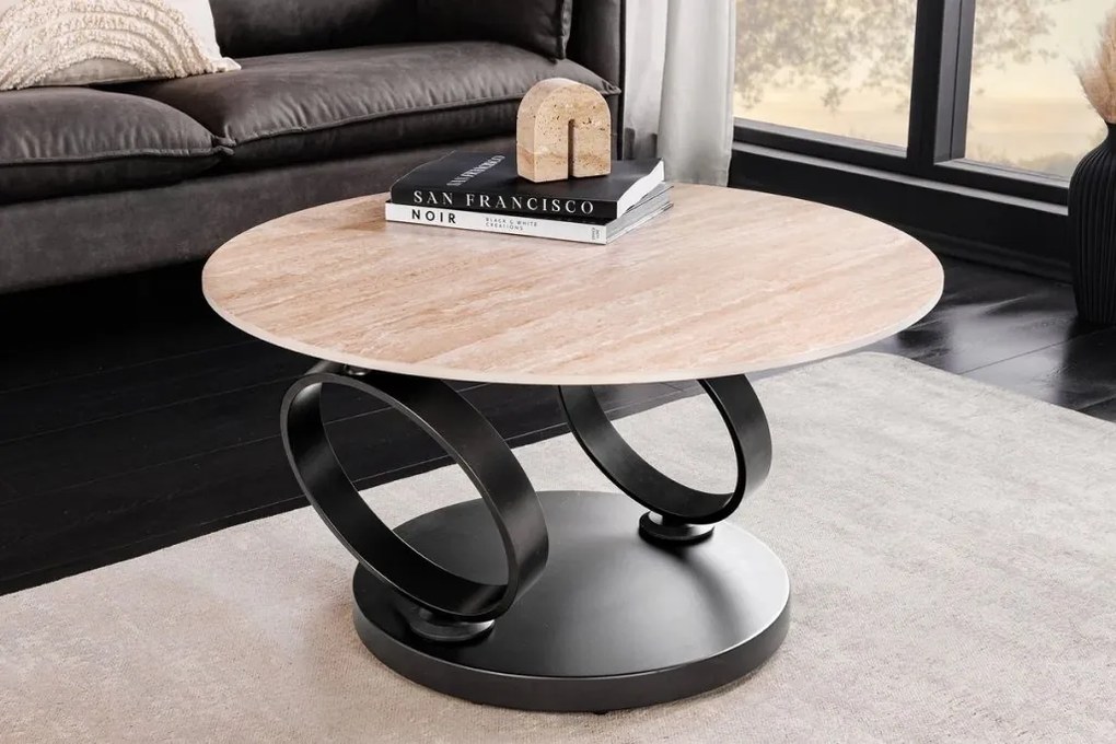 Masuta de cafea moderna cu doua blaturi rotative din ceramica DANCING RINGS 80-135cm