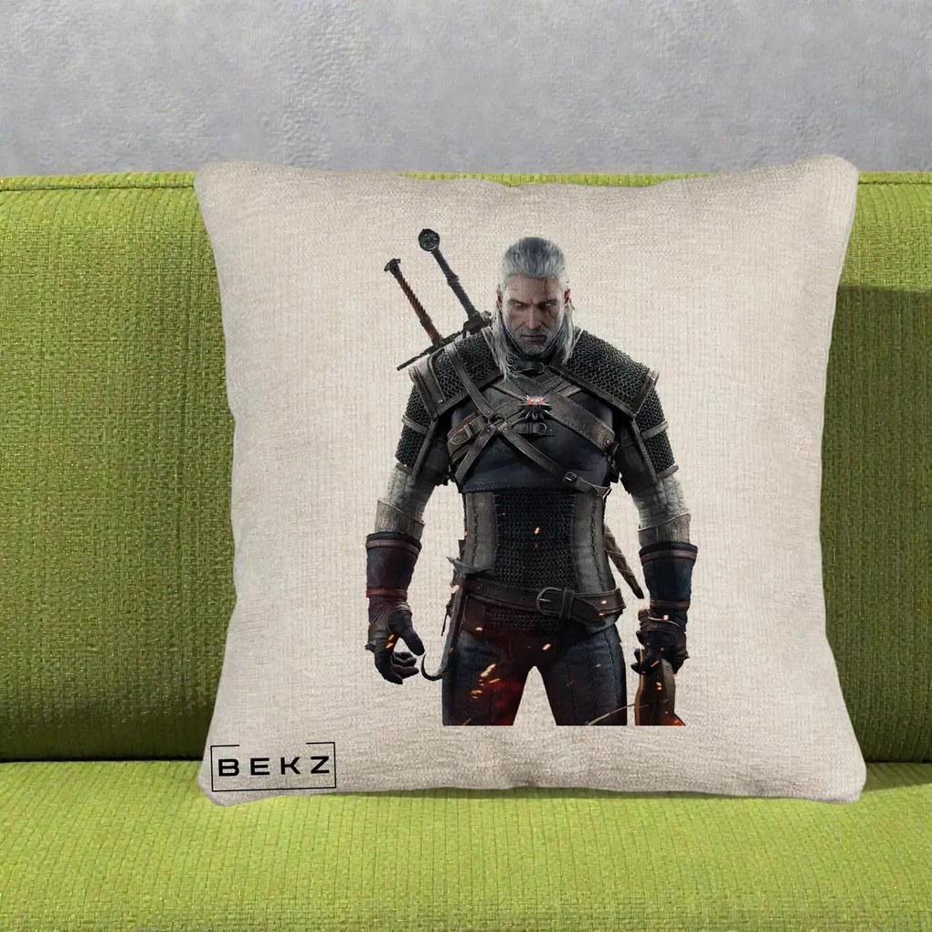 Perna Personalizata The Witcher Geralt of Rivia Portret, 40x40 cm, Bej Canapea, Husa Detasabila, Perna Inclusa, BEKZ®