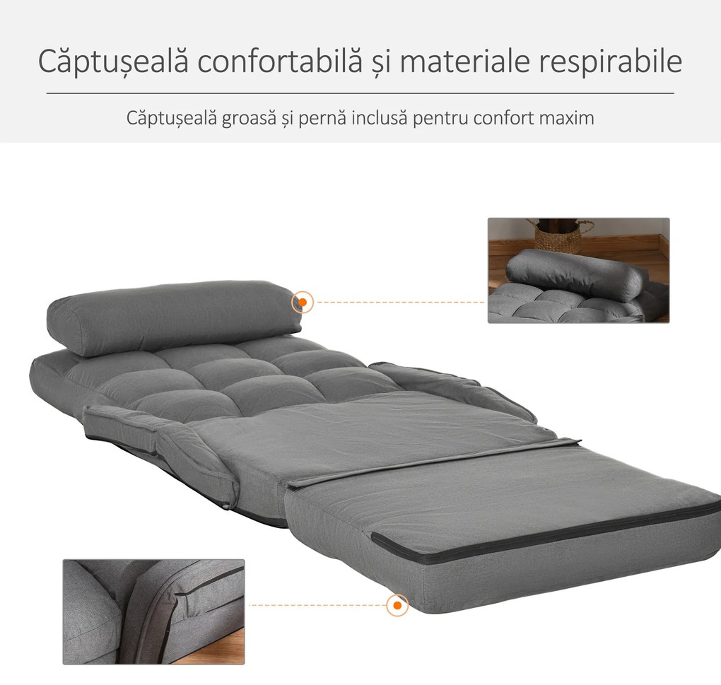 Fotoliu Pat HOMCOM reglabil pe 5 nivele 78x62x70cm, gri | Aosom Romania