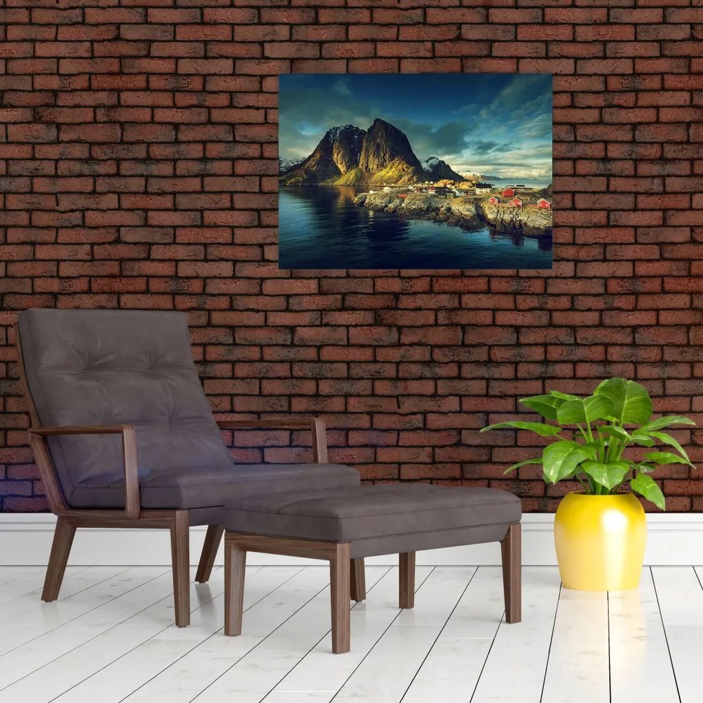 Tablou pe sticlă cu sat de pescari din Norvegia (70x50 cm)
