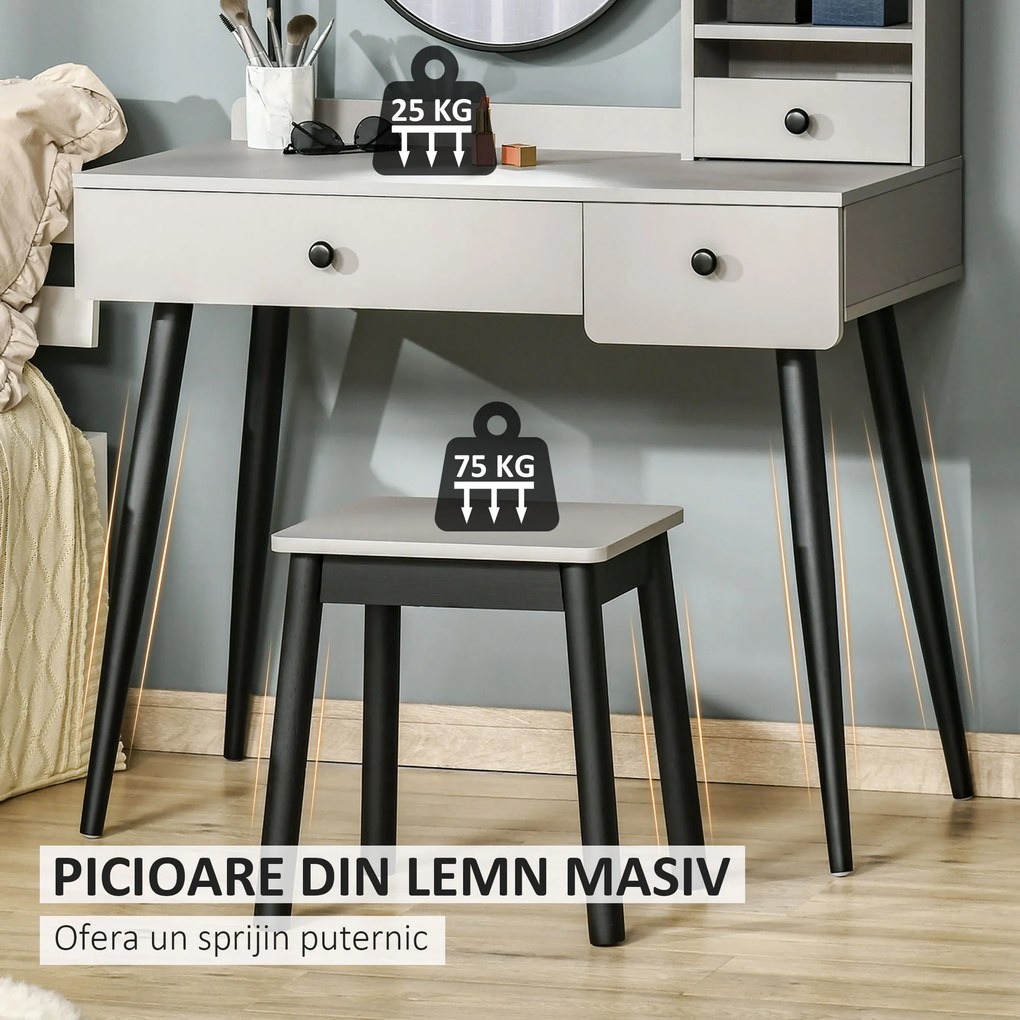 HOMCOM Set Masa de Toaleta Masa de Machiaj, Oglinda si Taburet cu 3 Sertare si Rafturi deschise, Structura din lemn, Gri
