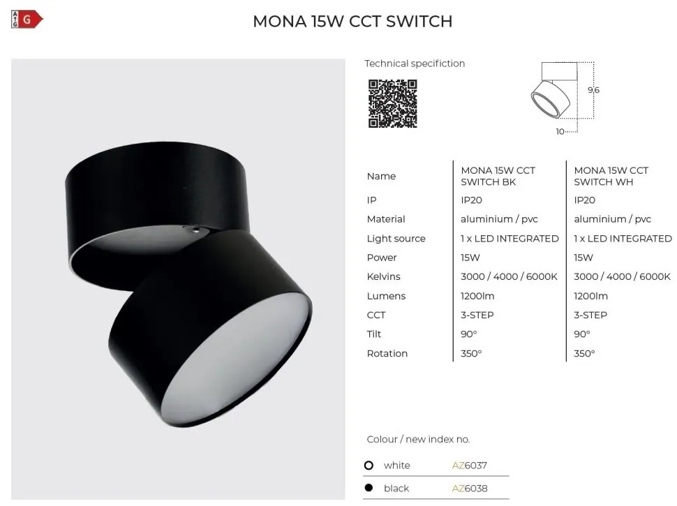 Spot LED aplicat reglabil MONA 15W CCT SWITCH alb