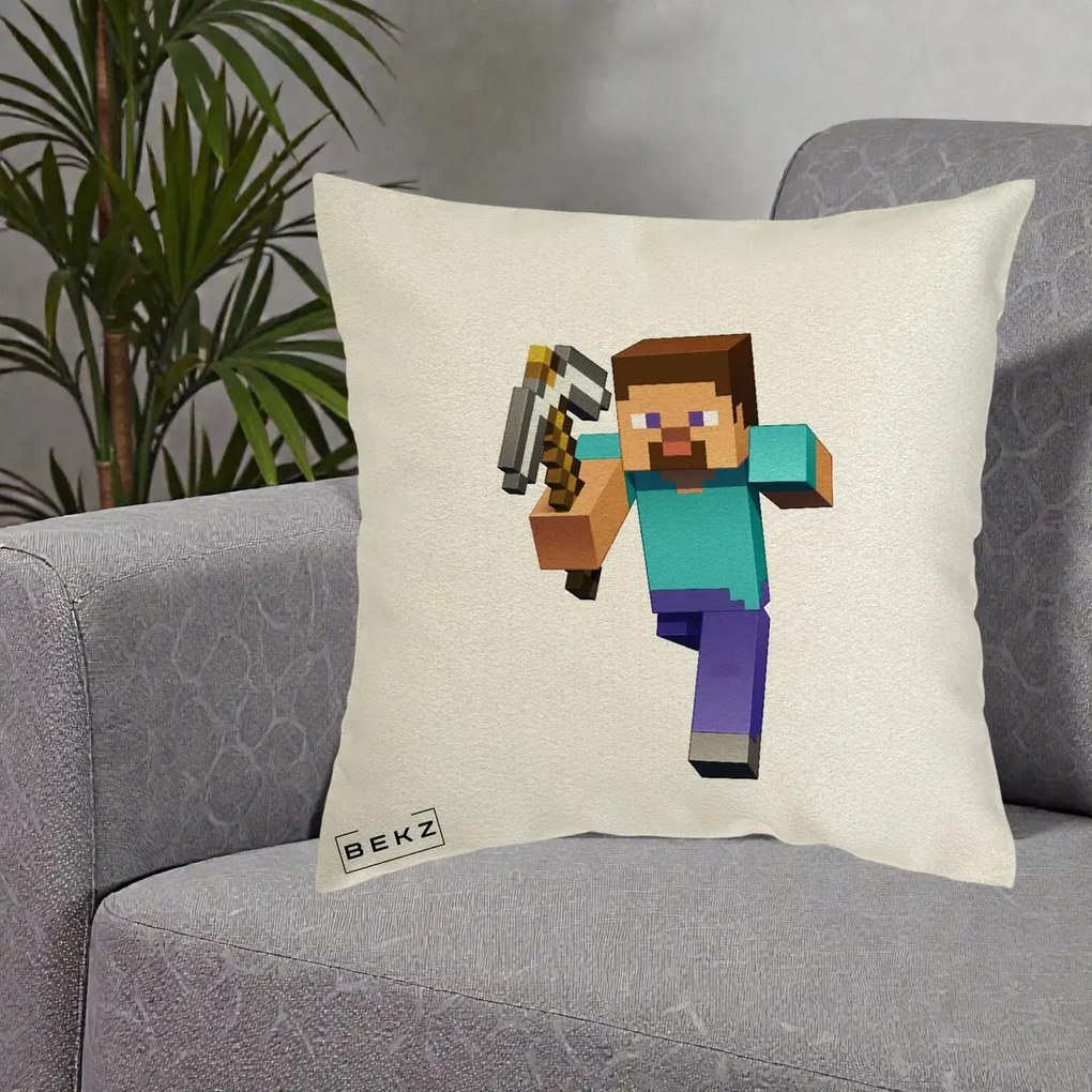Perna Personalizata Minecraft Steve, 40x40 cm, Ecru, Husa Detasabila, Perna Inclusa, BEKZ®