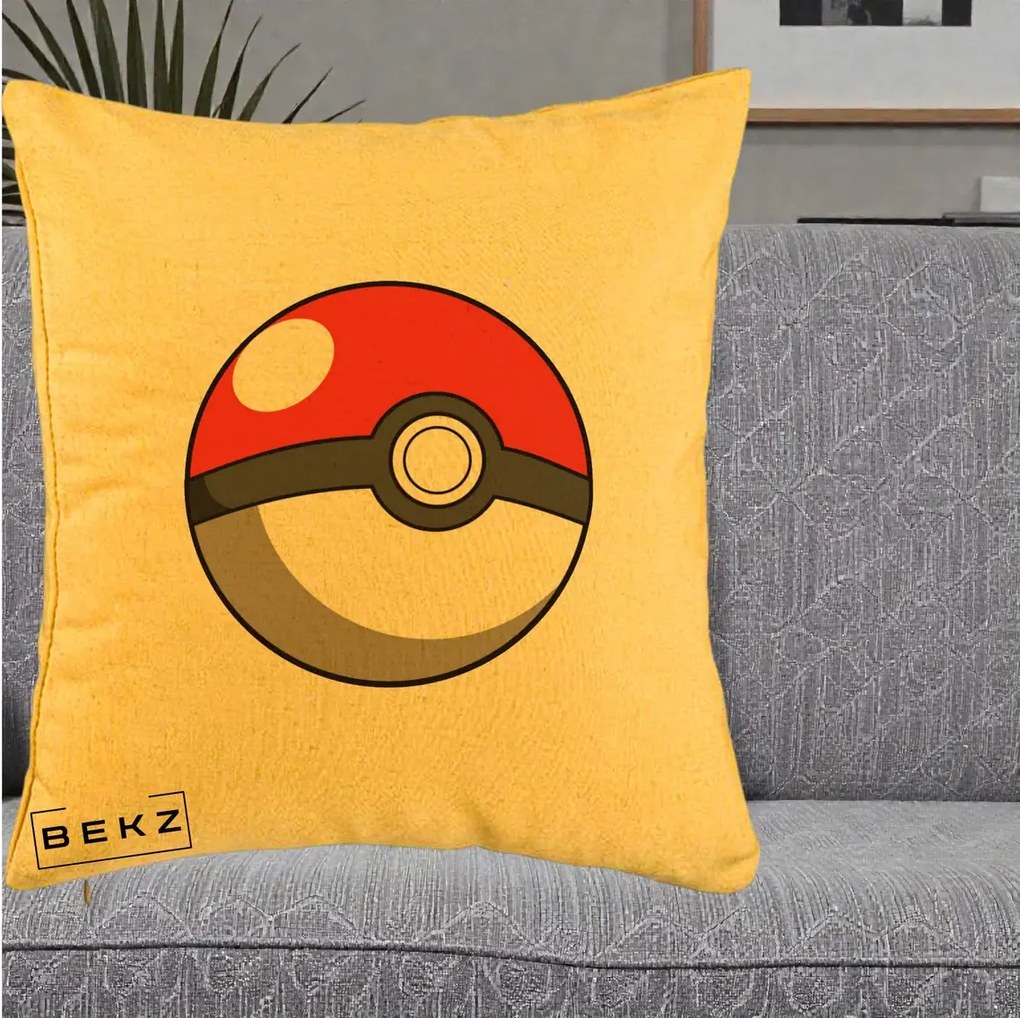 Perna Personalizata Pokeball Rosie, 40x40 cm, Galben, Husa Detasabila, Perna Inclusa, BEKZ®