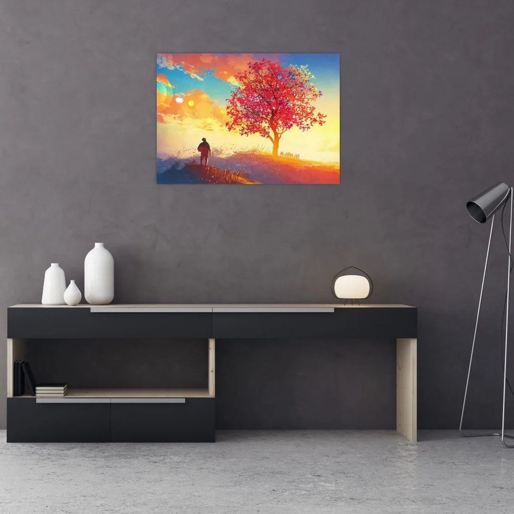 Tablou pe sticlă - casa în deal (70x50 cm)