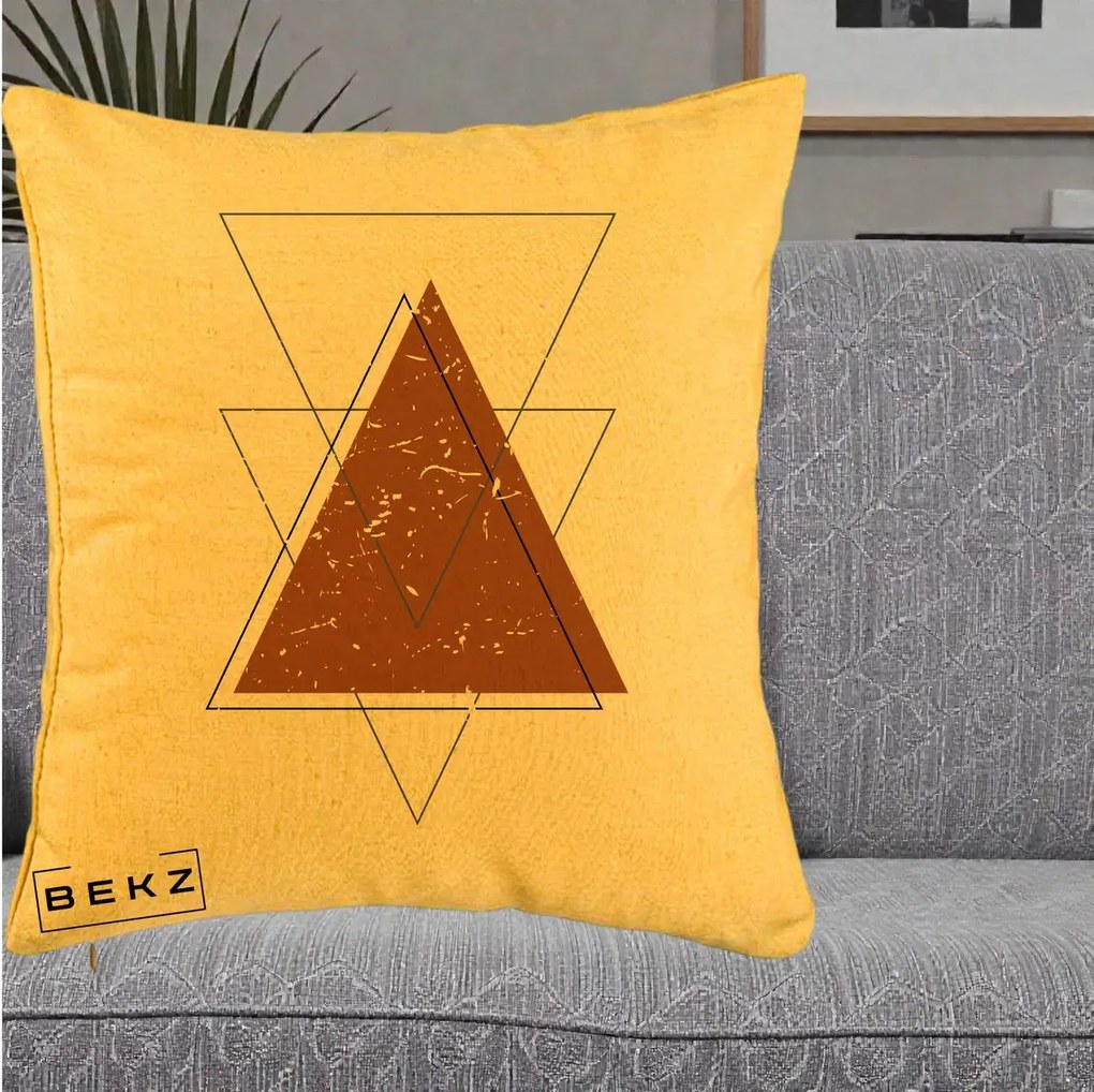 Perna Decorativa Geometric Triunghiuri Sacred, 40x40 cm, Galben, Husa Detasabila, Perna Inclusa, BEKZ®