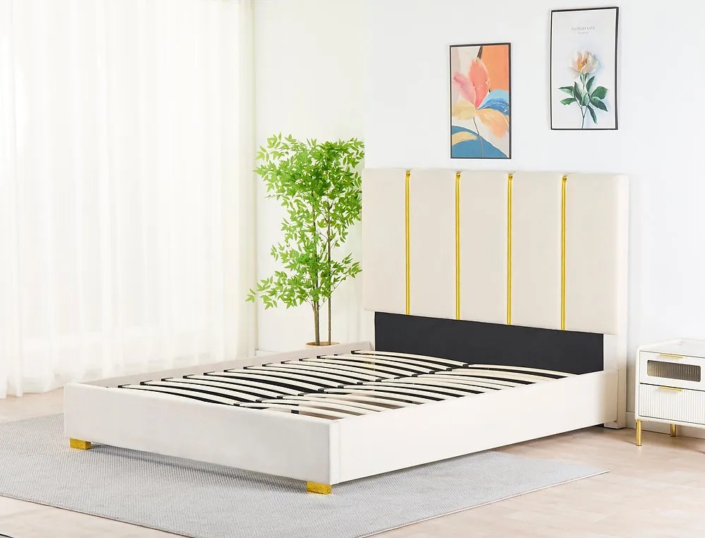 Pat Tapitat Catifea Bej 160x200 cm cu Somiera si Saltea  Inclusa ,   Cod LB-214