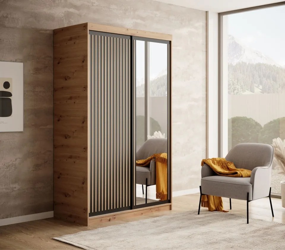 Dulap cu usi glisante 120x205 cm, Delia, ADRK Furniture (Culoare: Artisan / Negru)