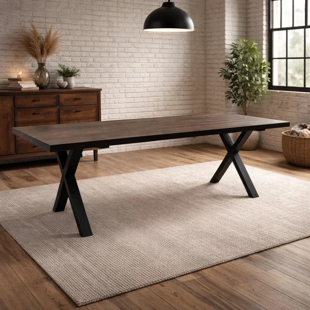 Masa Farris din stejar masiv 300x100 cm, 8-12 persoane, picioare metalice in X