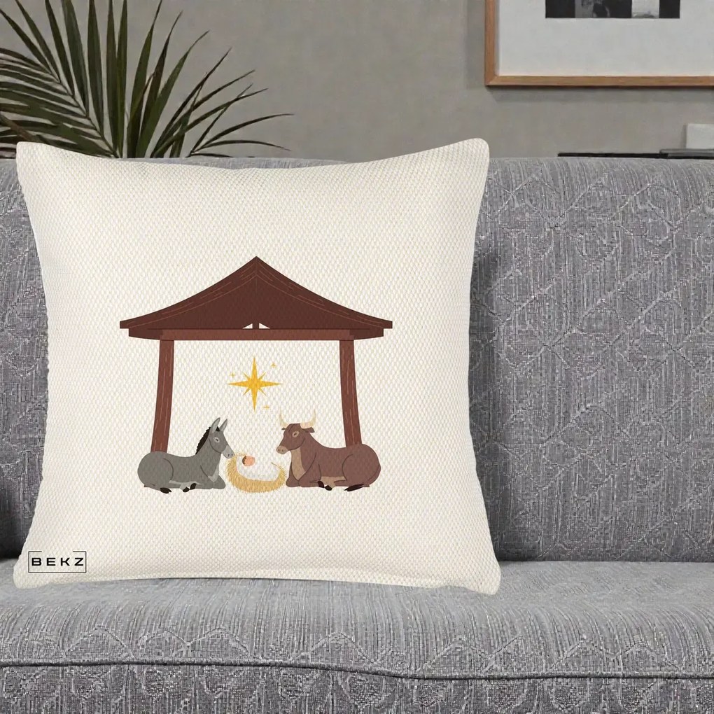 Perna Decorativa Ieslea din Betleem cu Iesle Asin si Bou, 40x40 cm, Crem Reliefat, Husa Detasabila, Perna Inclusa, BEKZ®