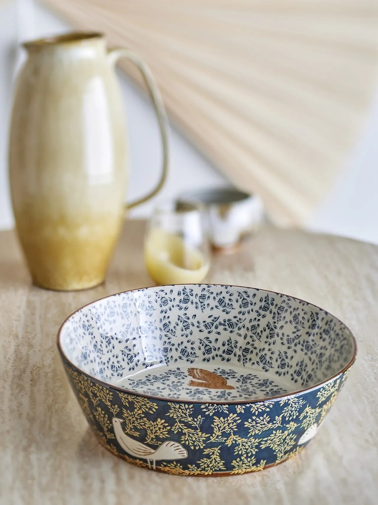Bol mare din ceramică stoneware pictat manual cu păsări și motive florale, D28xH9 cm, 3350 ml, „Hezha"