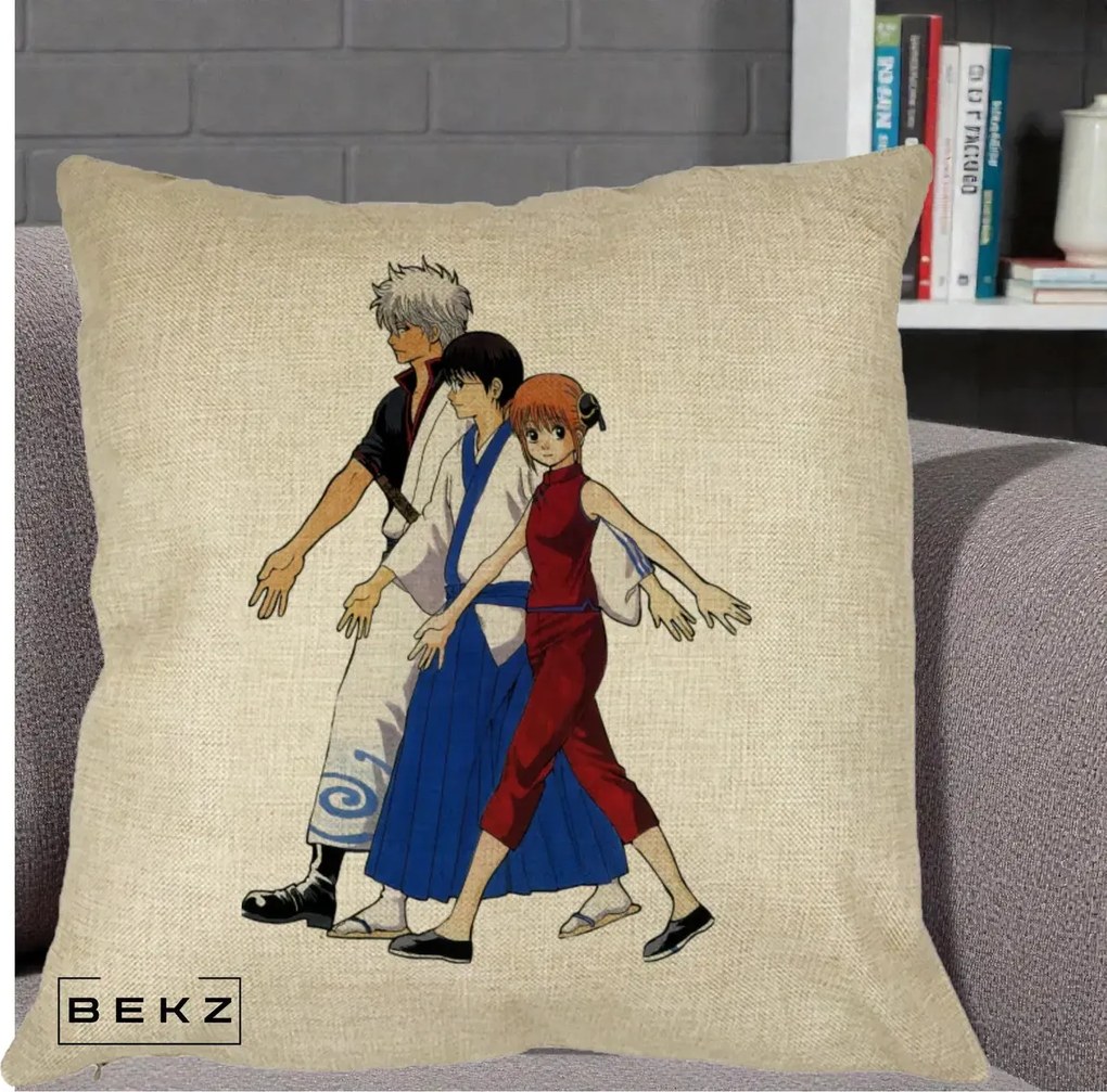 Perna Personalizata Gintama Trio Gintoki Shinpachi Kagura, 40x40 cm, Crem, Husa Detasabila, Perna Inclusa, BEKZ®