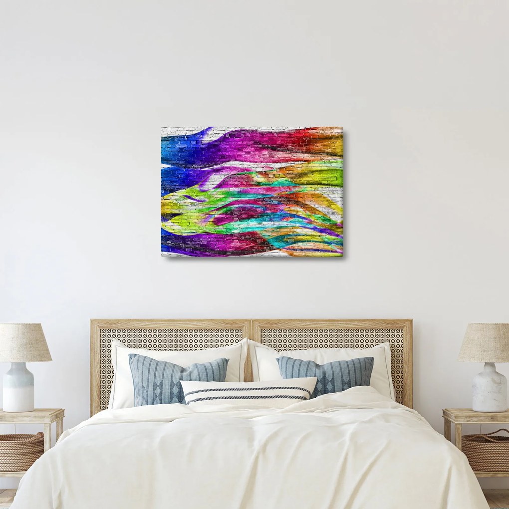 Tablou - Zid de cărămidă cu flăcări colorate (70x50 cm)