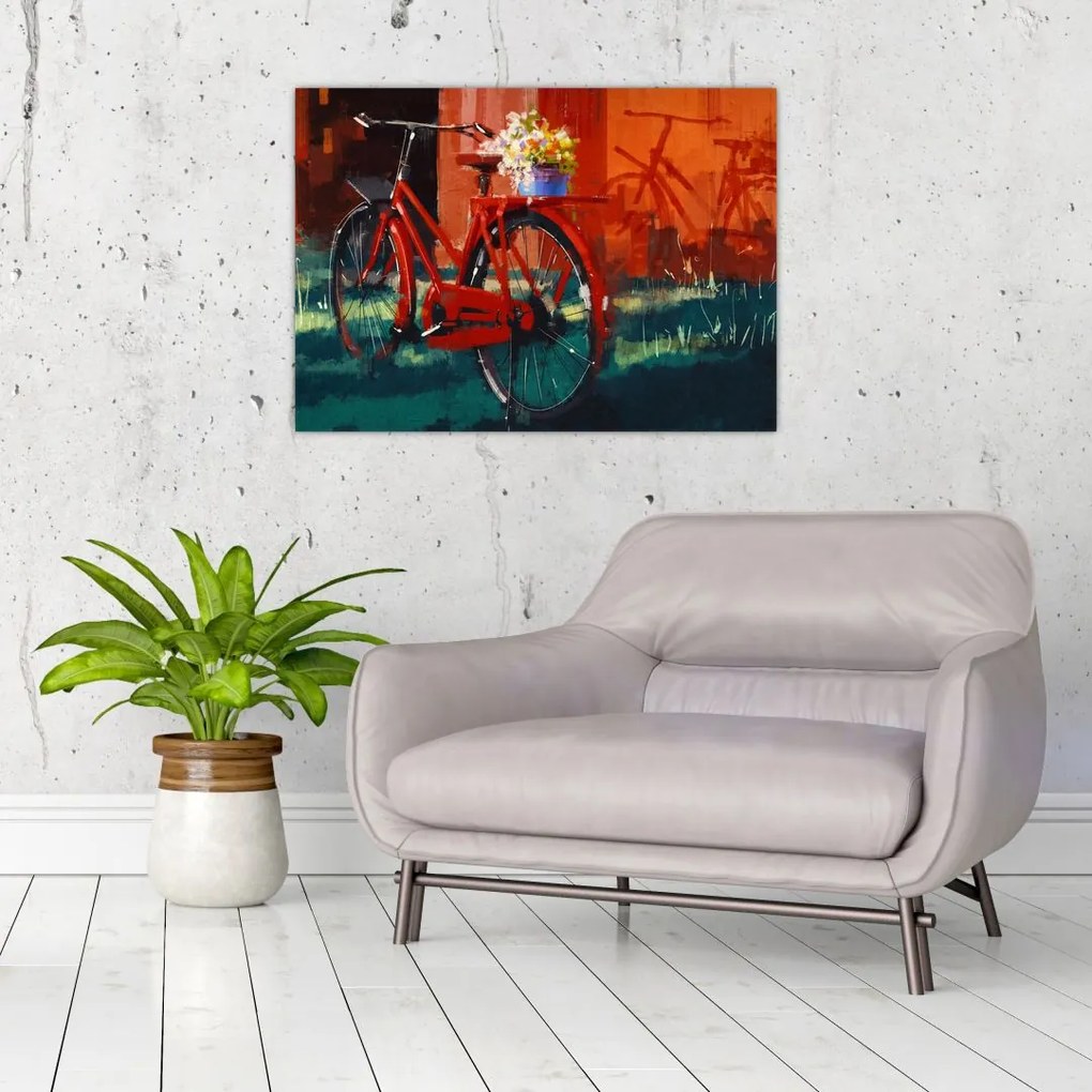 Tablou pe sticlă - Bicicleta roșie, pictură acrilică (70x50 cm)
