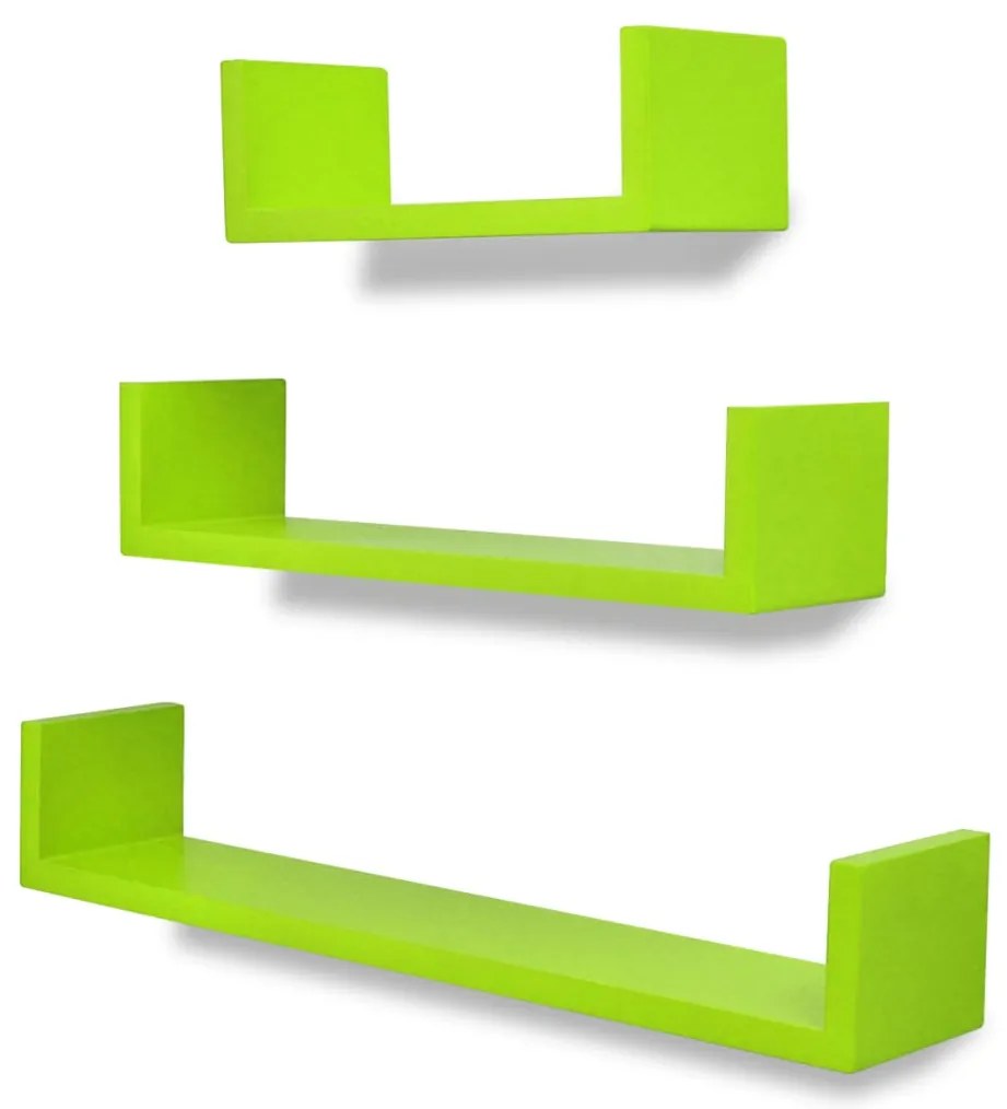 242177 vidaXL Rafturi suspendate depozitare cărți/DVD 3 buc, verde, formă de U, MDF