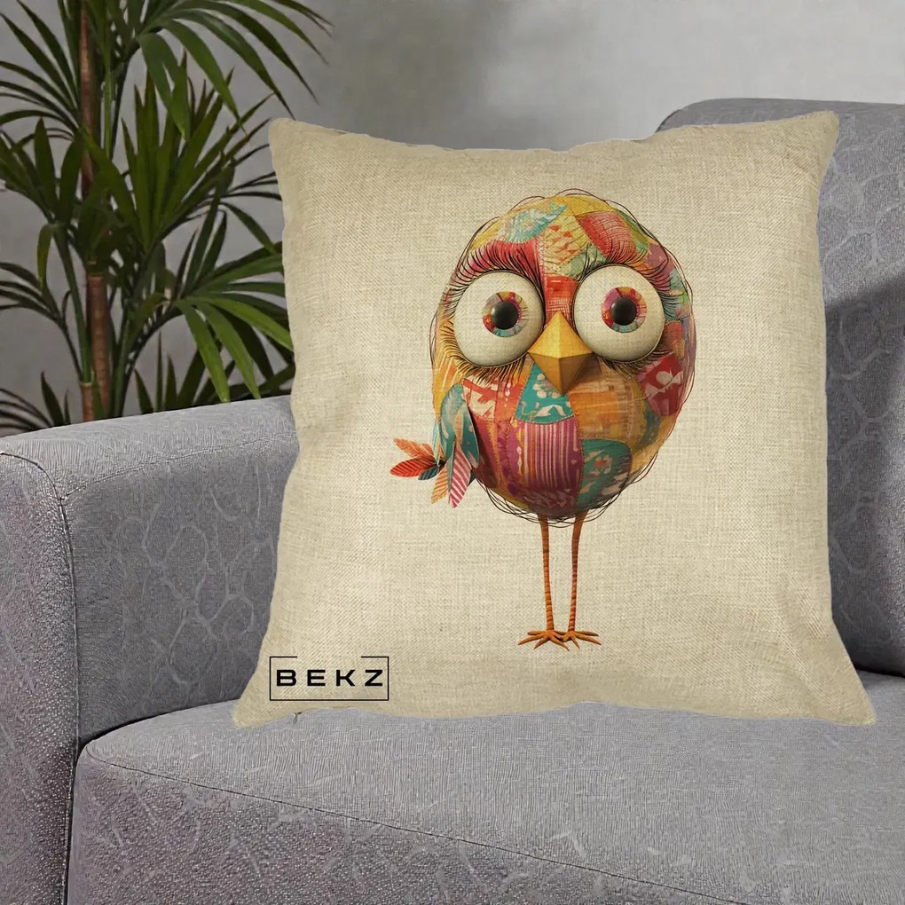 Perna Decorativa Pasare Patchwork cu Gene Lungi, 40x40 cm, Crem, Husa Detasabila, Perna Inclusa, BEKZ®