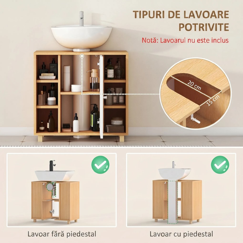 HOMCOM Dulap Sub Chiuvetă cu 2 Uși cu Închidere Lentă și 6 Rafturi Lemn natural | Aosom Romania