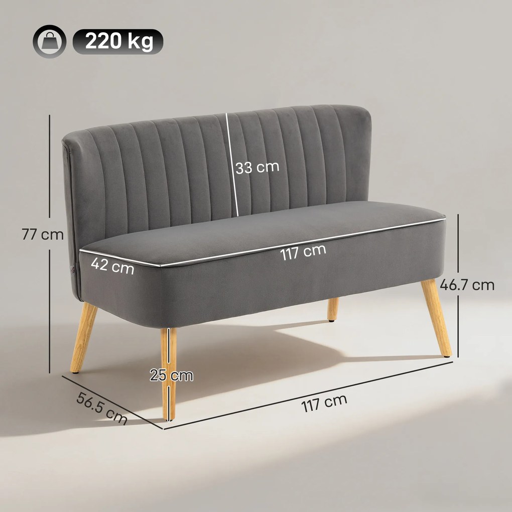 HOMCOM Canapea design retro 2 locuri, picioare din lemn, 117 cm x 56,5 cm x 77 cm, Gri închis | Aosom Romania