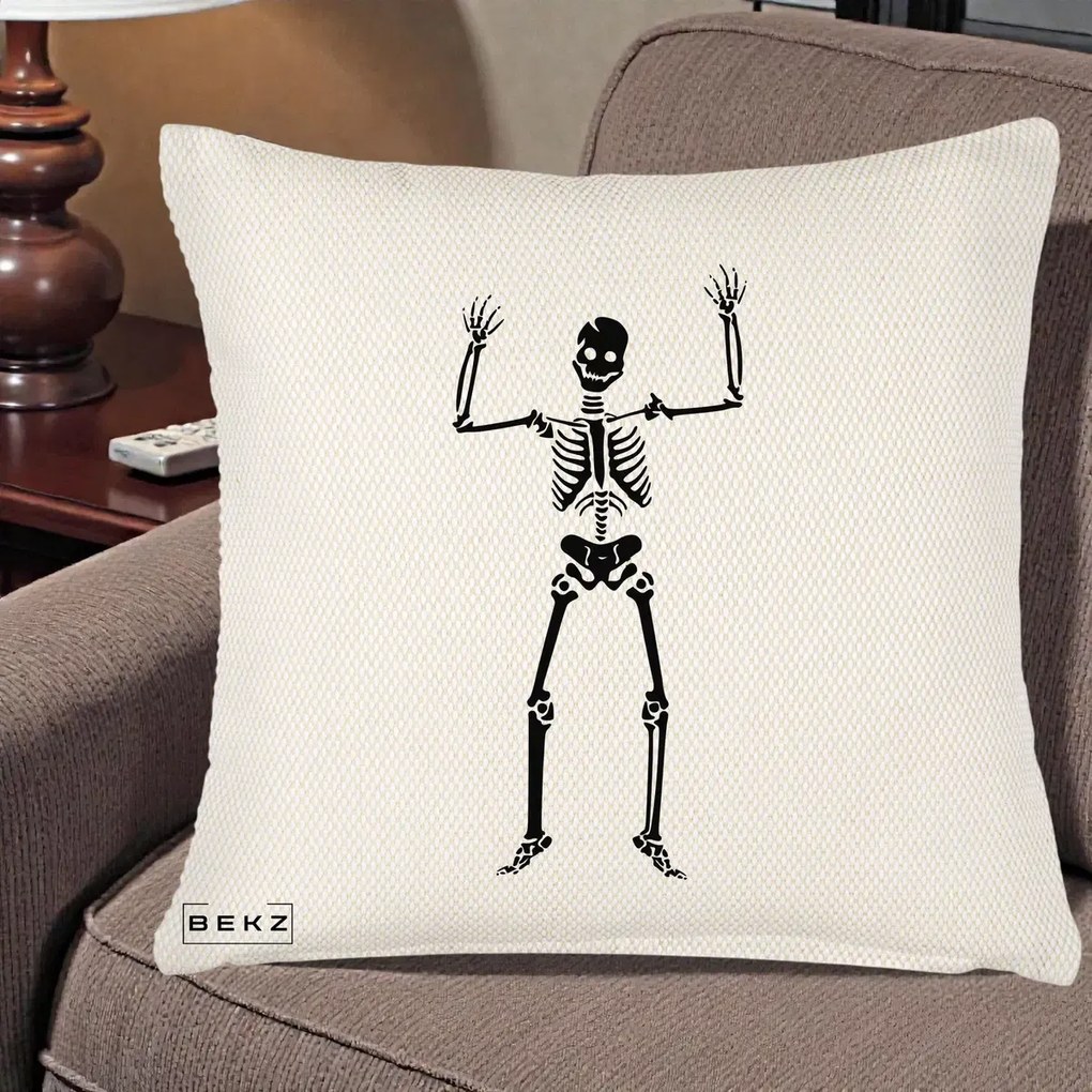 Perna Decorativa Halloween Schelet Dansator, 40x40 cm, Crem Reliefat, Husa Detasabila, Perna Inclusa, BEKZ®