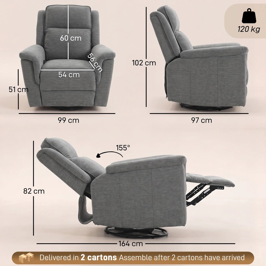 HOMCOM Fotoliu Reclinabil Manual 155° cu Suport pentru Picioare, Rotativ 360°, pentru Living, Gri Deschis | Aosom Romania