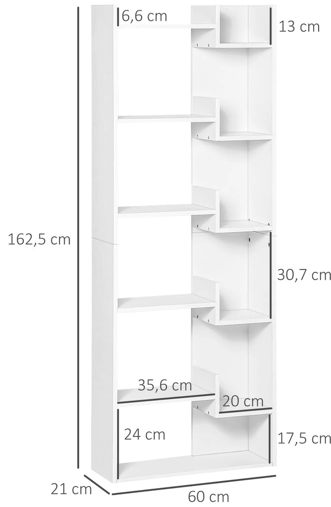 HOMCOM Bibliotecă, etajeră de depozitare cu 6 nivele, design neregulat, pentru sufragerie, dormitor, birou, 60x21x162,5cm, alb | Aosom Romania
